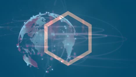 animation of white hexagons spinning with globe of network of connections