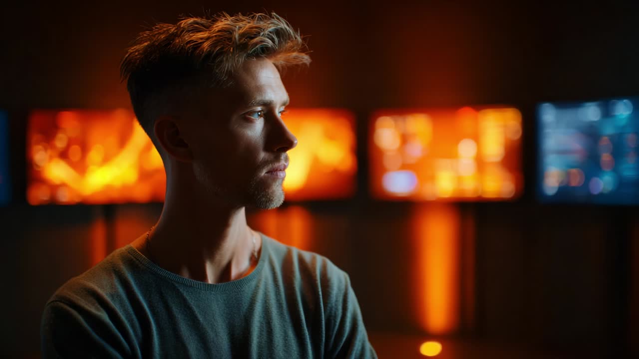 A focused individual stands in a dimly lit environment, surrounded by glowing screens, casting a thoughtful and intense expression as they engage with the digital world, embodying a blend of technology and human emotion