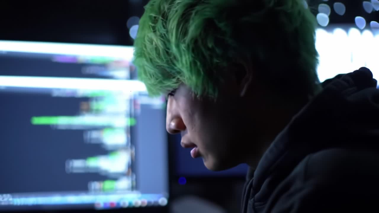 Deep in Thought: A Young Individual Analyzes Complex Data on Multiple Monitors in a Dimly Lit Room, Engaged in Intensive Digital Work and Reflection