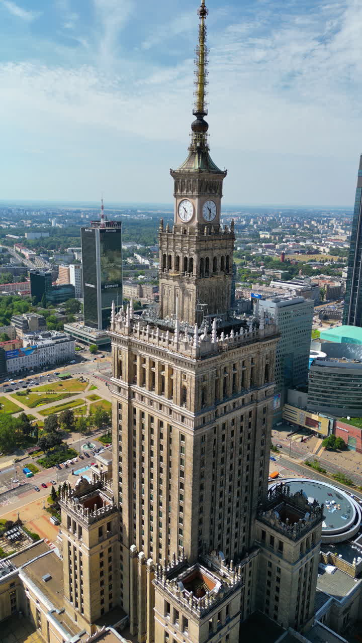Aerial drone view of Warsaw, Poland on the River Vistula in daylight. Vertical