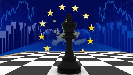 Animation-of-king-on-chess-board-with-map,-european-union-flag-and-graphs-over-blue-background