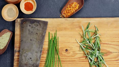 Various-spices,-chopping-board-and-cleaver