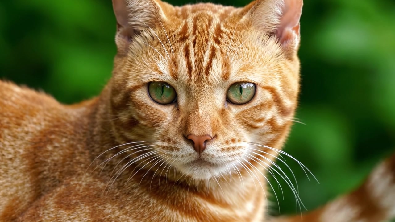 Primo piano accattivante di un maestoso gatto soriano arancione con un'espressione serena su uno sfondo verde lussureggiante.