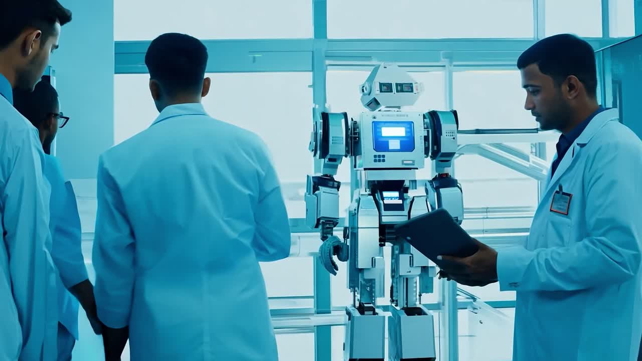 científicos trabajando con un robot en un laboratorio