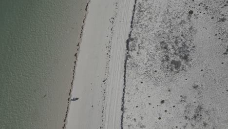 aerial-view-of-people-leisurely-walk-on-a-serene-and-deserted-beach,-capturing-a-sense-of-tranquility-and-solitude-in-the-picturesque-scene