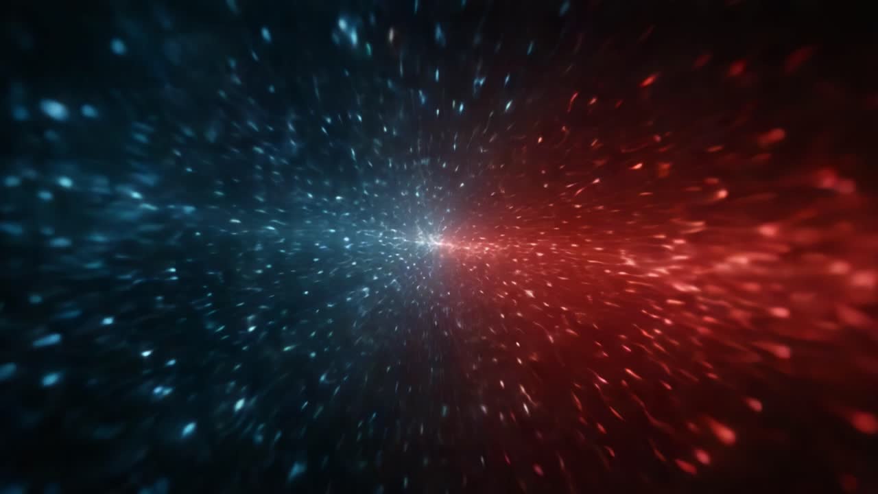 Movimento Dinamico di Particelle che Rappresentano il Flusso di Energia con Splendidi Colori Rossi e Blu in uno Sfondo Cosmico, Catturando l'Essenza dello Spazio e del Tempo