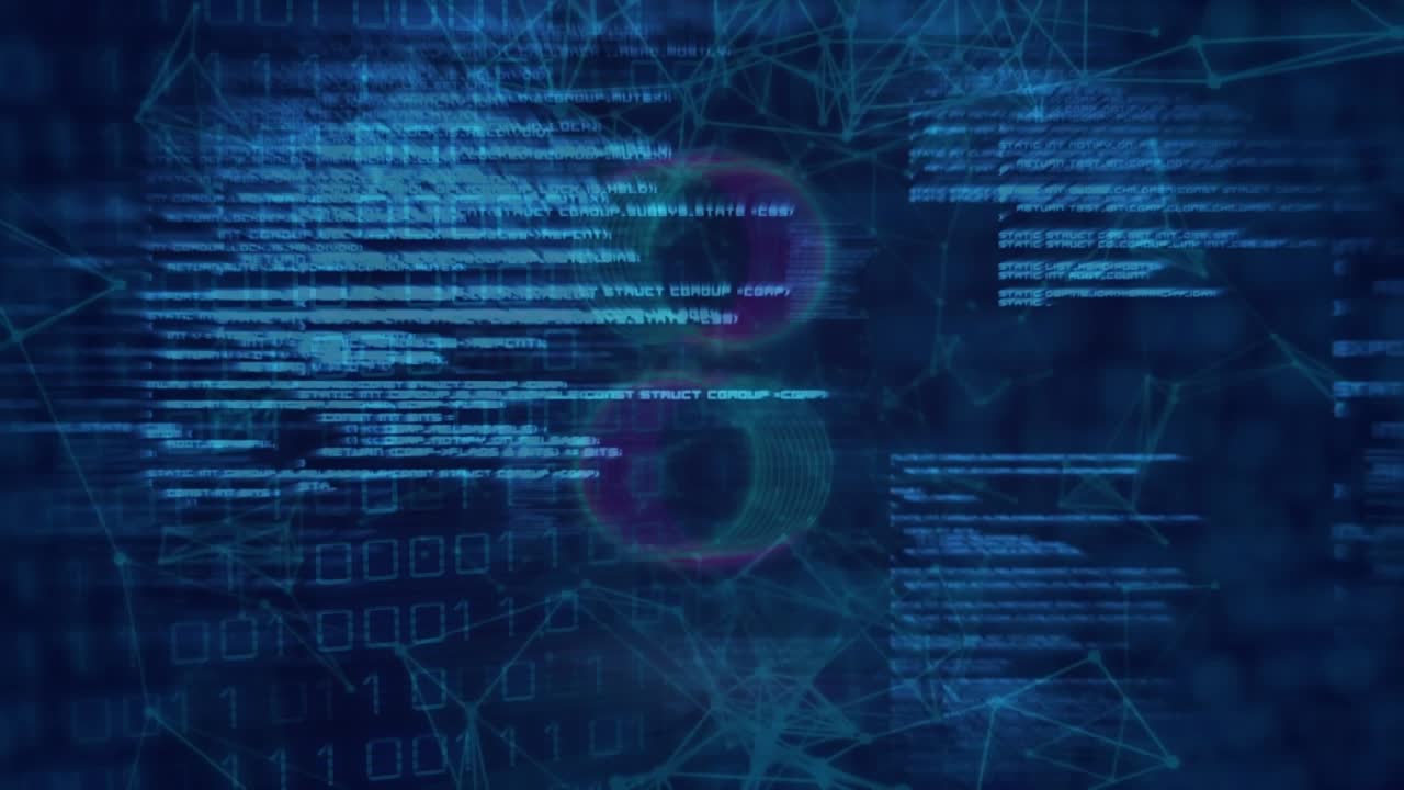 Animation of rotating circles, dots forming geometric shapes, programming language over binary codes