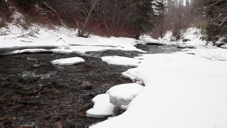 un río frío y nevado corre tranquilamente por montana