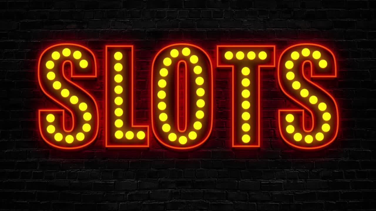 Slots sign with orange lamps on black bricks background, gambling retro style, loop animation