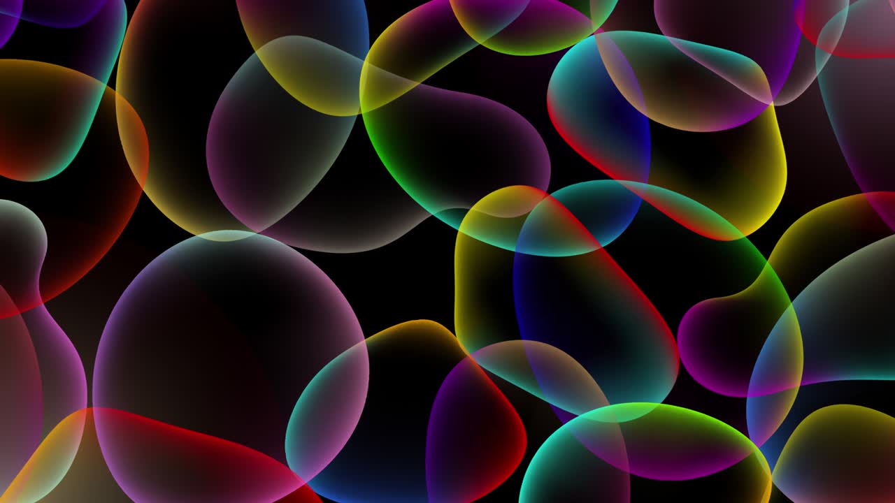 Black background with colorful transparent bubbles in 4k video.