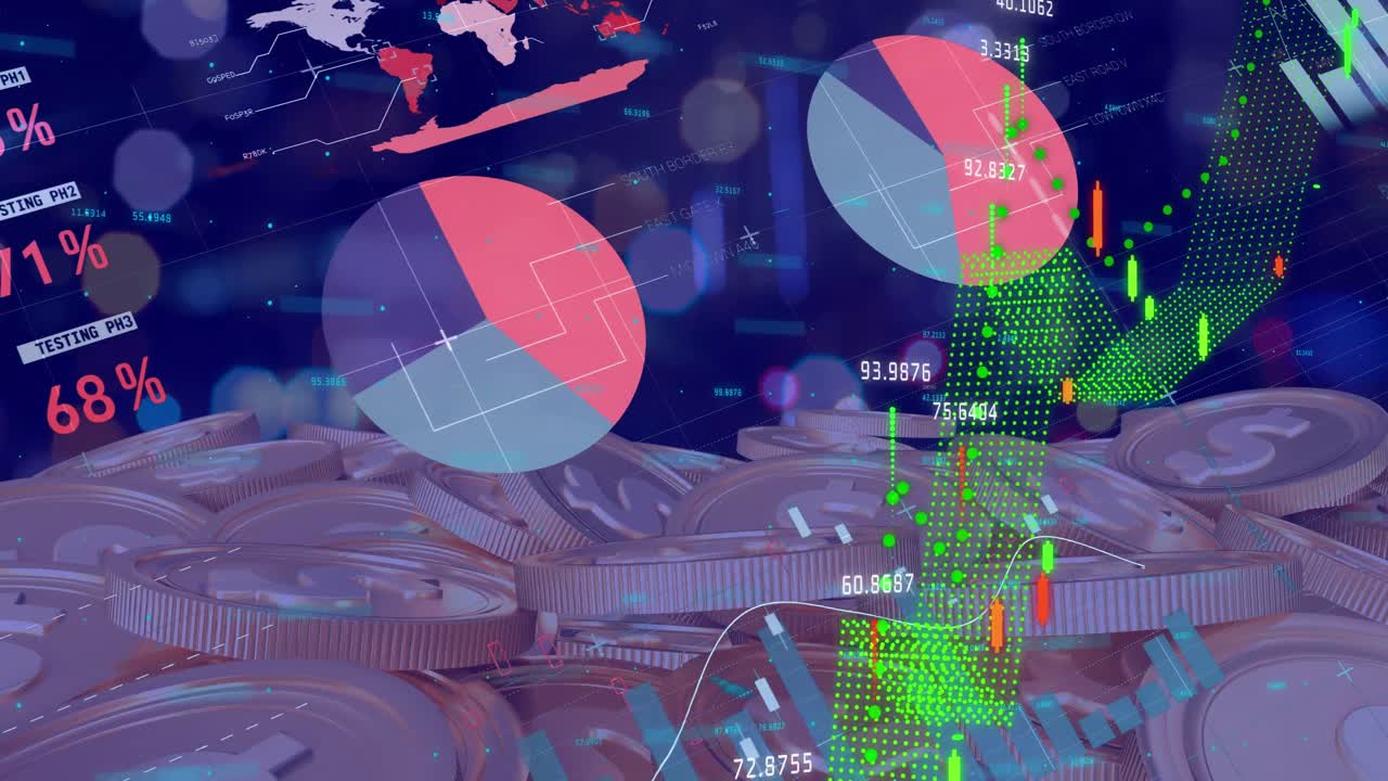 анимация обработки финансовых данных над золотыми монетами американского доллара