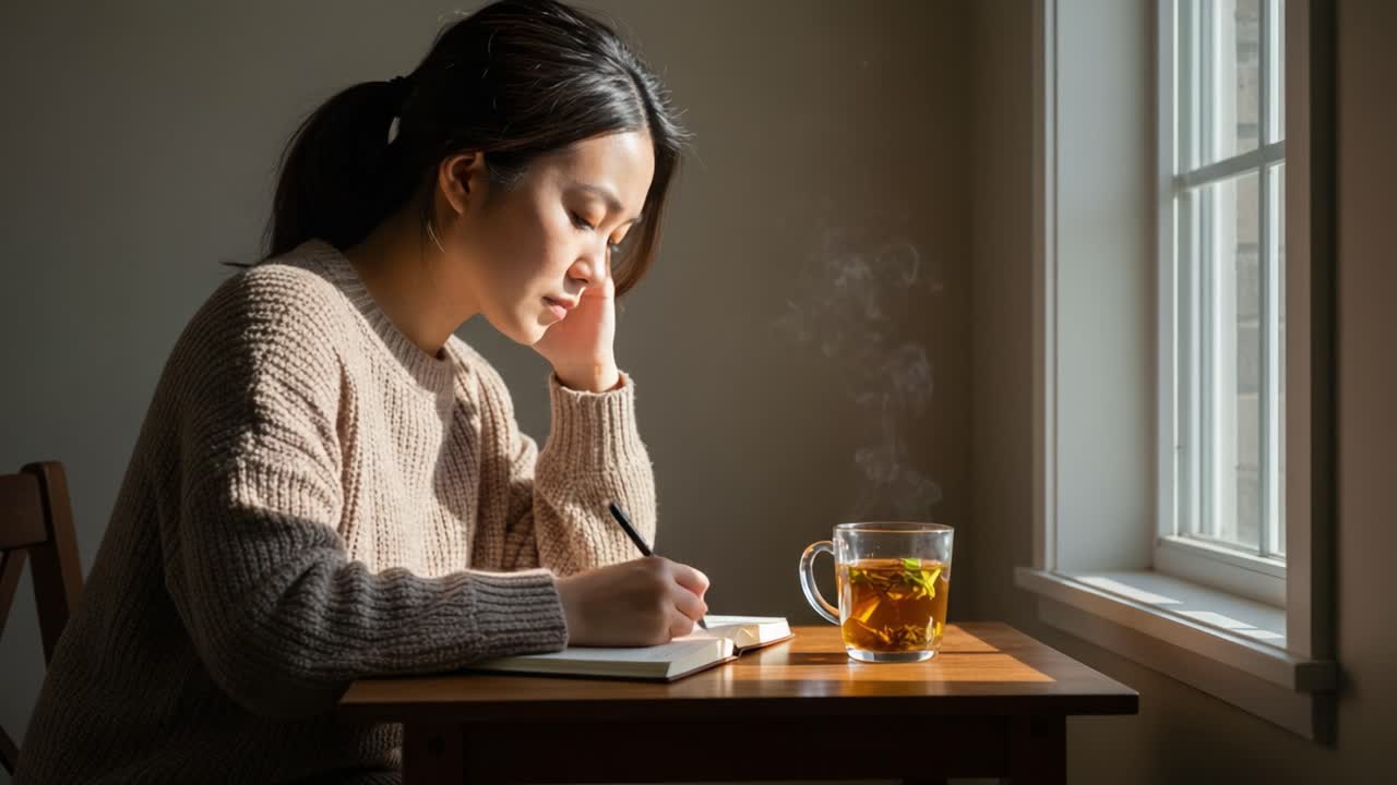 A Quiet Moment of Reflection: A Woman Engaged in Thoughtful Writing with a Cup of Tea in a Sunlit Room, Capturing Serenity and Focus in Daily Life