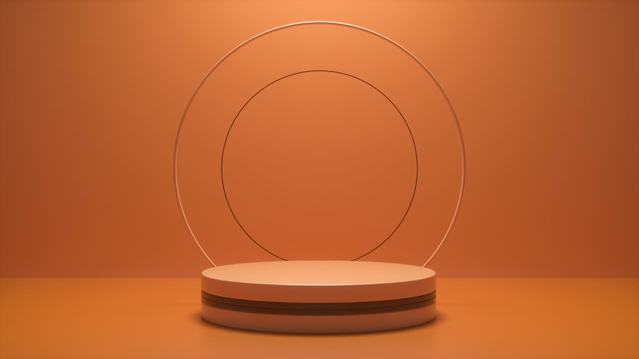 podio naranja con un círculo de neón parpadeante brillante. vitrina futurista con plataforma para la exhibición de productos. escenario vacío con luz eléctrica. composición de formas geométricas. bucle de animación 3d 4k