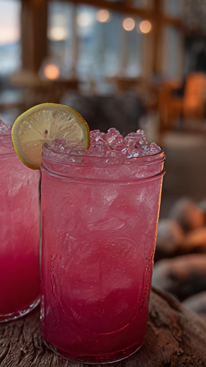 Rinfrescante limonata rosa in ambiente rustico: un primo piano di una bevanda frizzante con ghiaccio e fetta di limone che cattura l'essenza del divertimento estivo in compagnia di amici