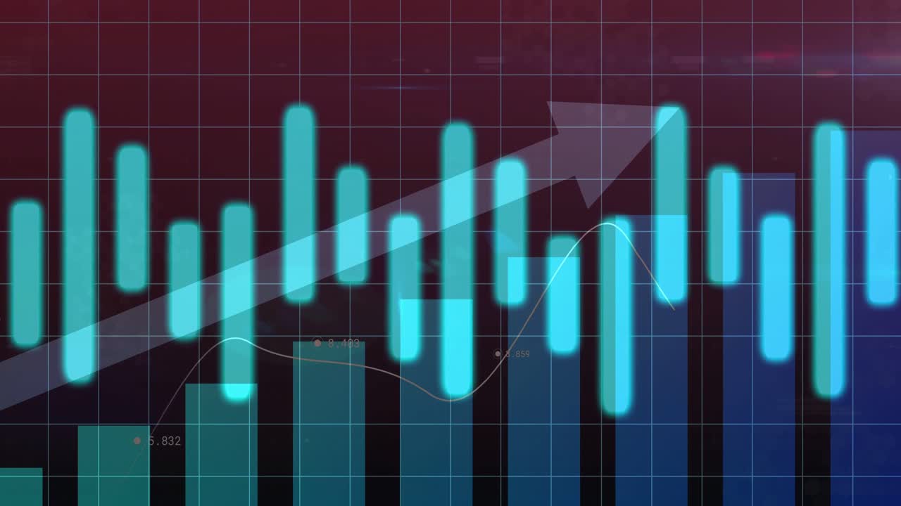 Animovaný finanční graf přijímá živá data, aktualizuje sloupce a svíčkové grafy, aby ukázal vzestupný trend.