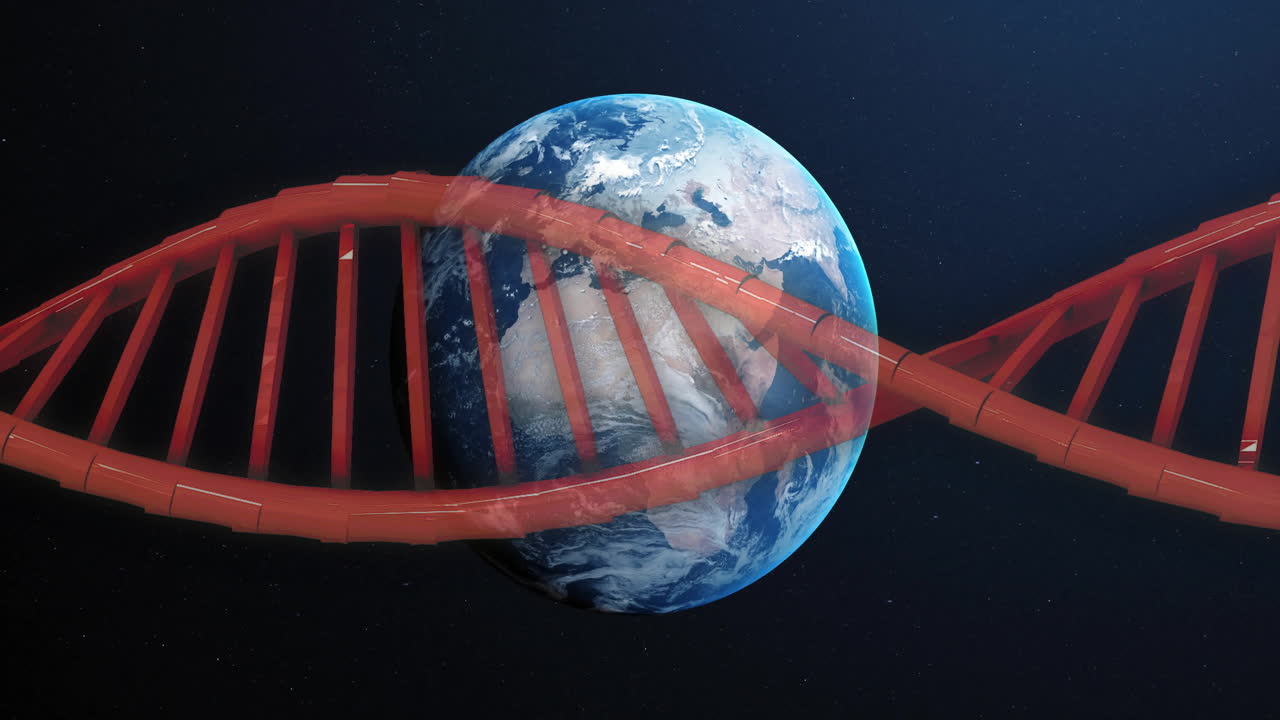 Animation of red dna strand with glowing light trails spinning over globe on black background