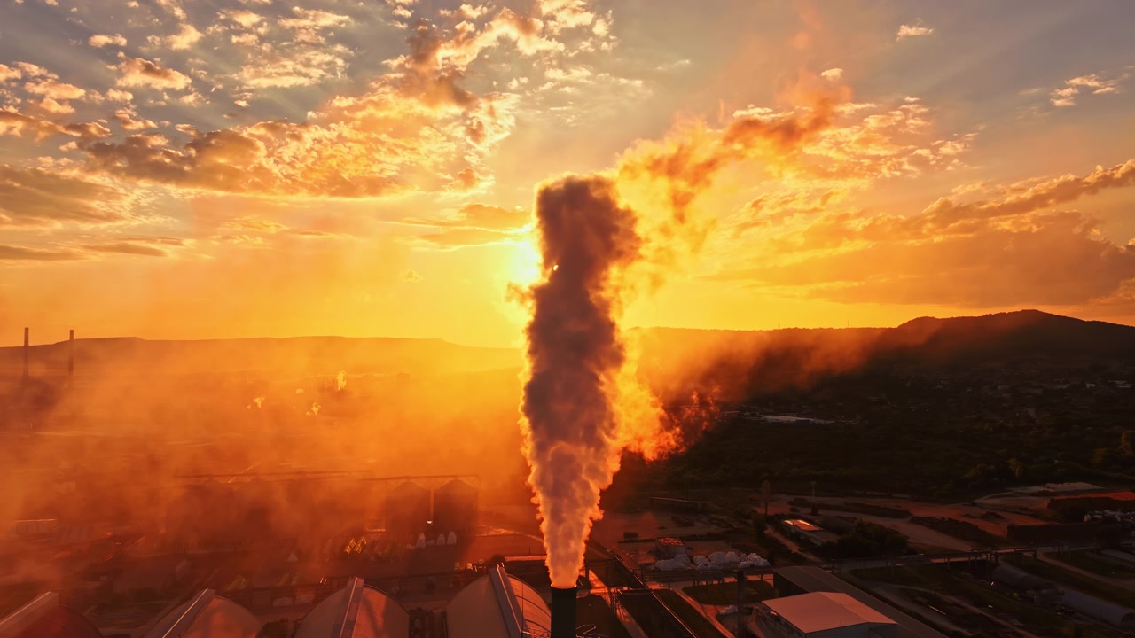 Tramonto su area industriale con fumo che sale dalle fabbriche sullo sfondo e cielo colorato