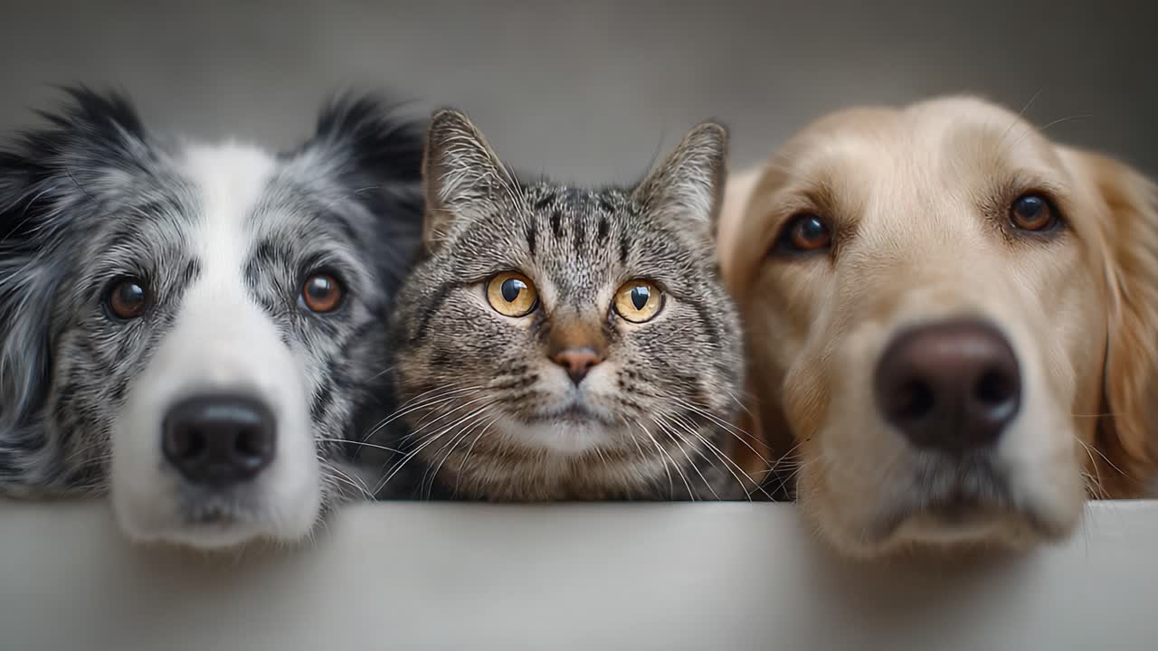 Ein herzerwärmendes Trio: Ein Border Collie, ein Golden Retriever und eine getigerte Katze sitzen zusammen und demonstrieren Freundschaft und Loyalität in einem Moment inniger Verbundenheit.