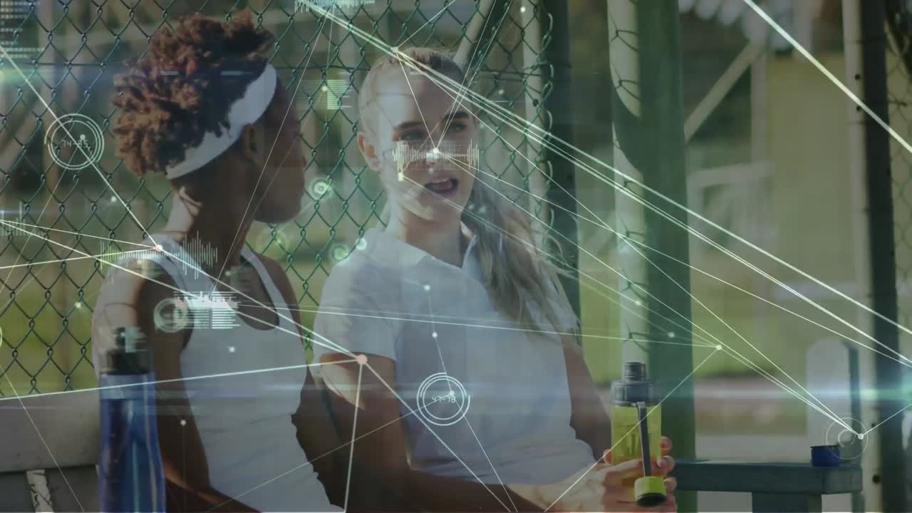 animación de la red de conexiones con procesamiento de datos sobre diversas personas jugando al tenis