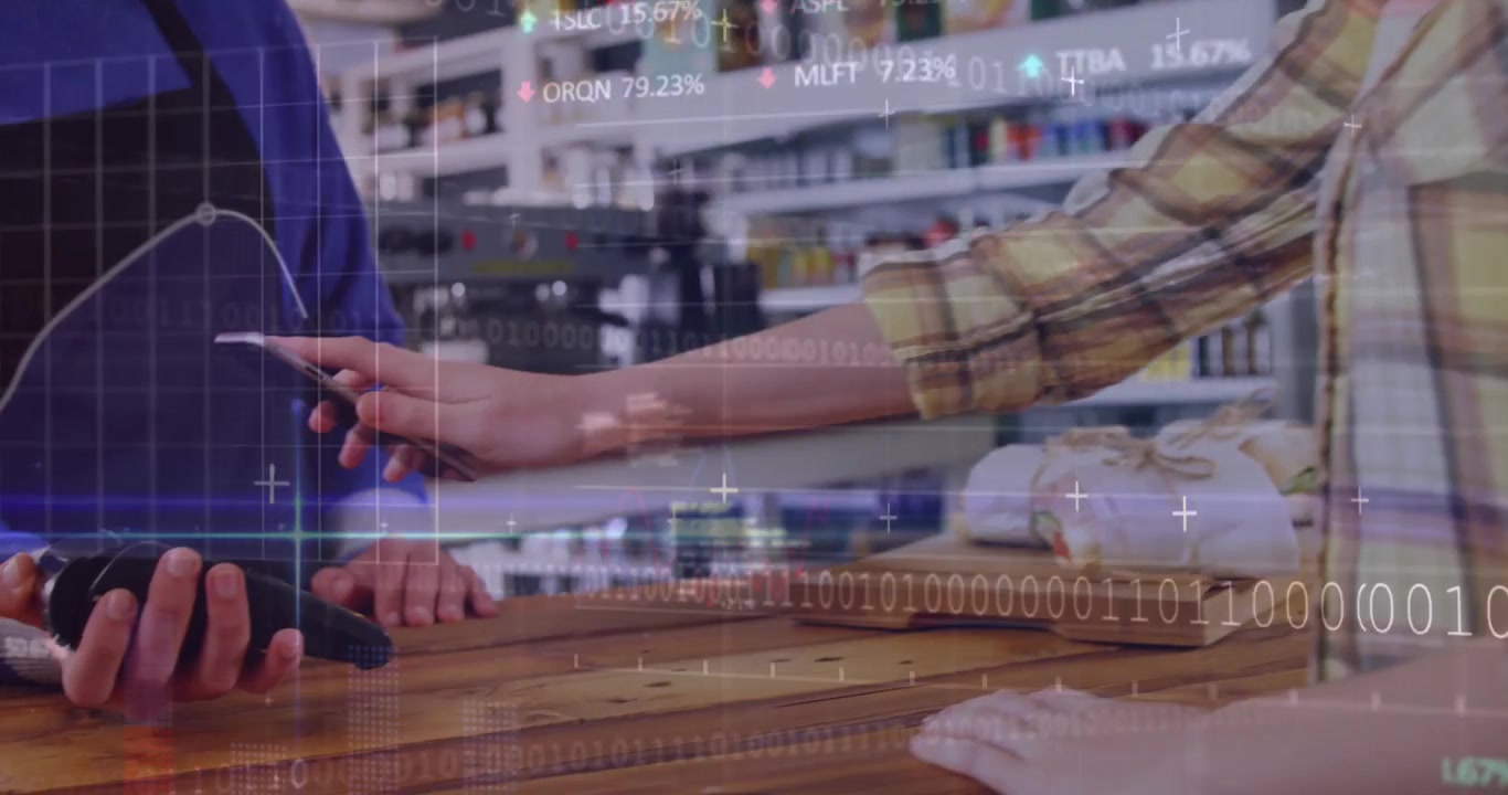 Animation of trading board, infographic interface over customer scanning phone for payment