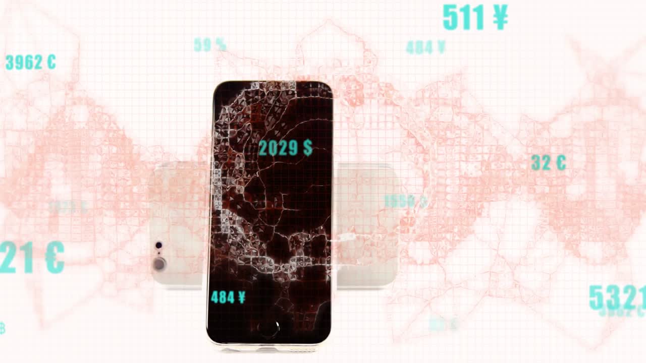 on load phone moving to center, screen growing dark network, teal numbers cycling to show finances