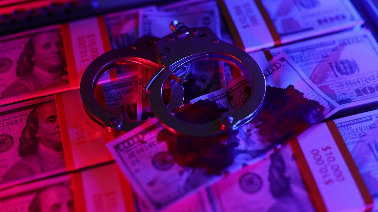 Handcuffs on Stacks of US Dollar Bills under Red and Blue Neon Light