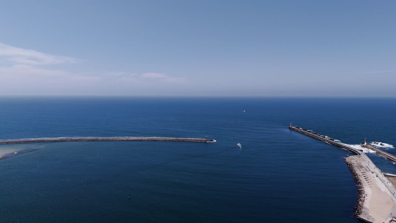 Aerial view of Foz do Douro in Porto with sea entrance and breakwaters in Portugal