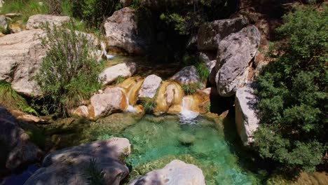 aerial view over waterfalls and high mountain river inside the forest