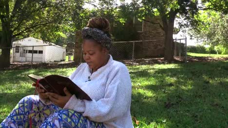 zoom lento de una joven afroamericana sentada en el césped leyendo la biblia con alegría