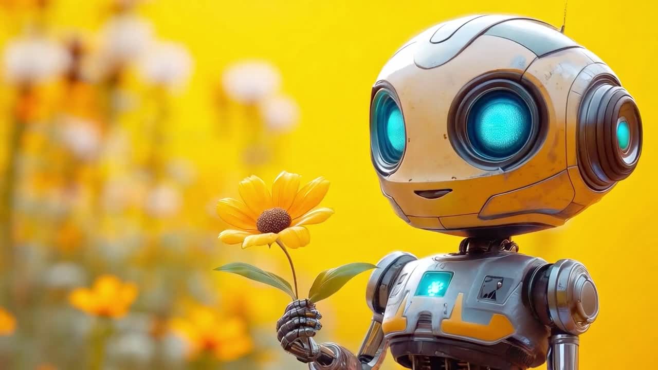 Robot lucu memegang bunga di padang
