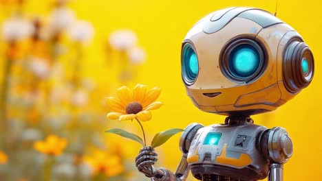 a cute robot holding a flower in a field