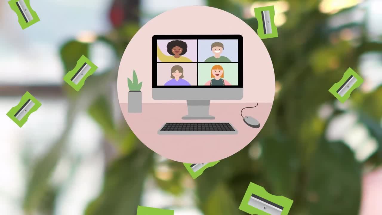 Animation af ikoner over laptops på et skrivebord og sløret baggrund