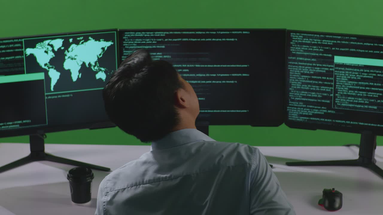 Back View Of Asian Man Developer Having Backache While Write Code With Multiple Computer Screens In Green Screen Studio