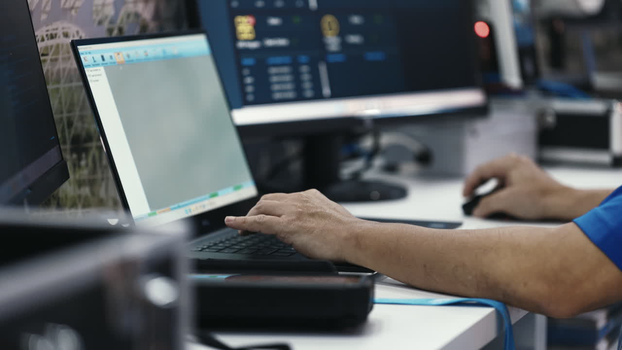 Person working on a laptop with multiple monitors, engaged in various digital tasks including 3D design and surveillance.
