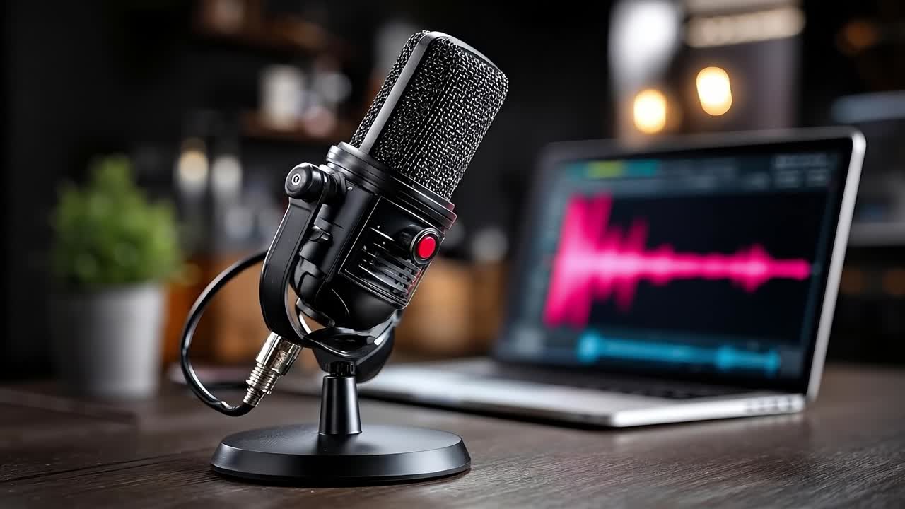 A microphone sitting on top of a table next to a laptop computer