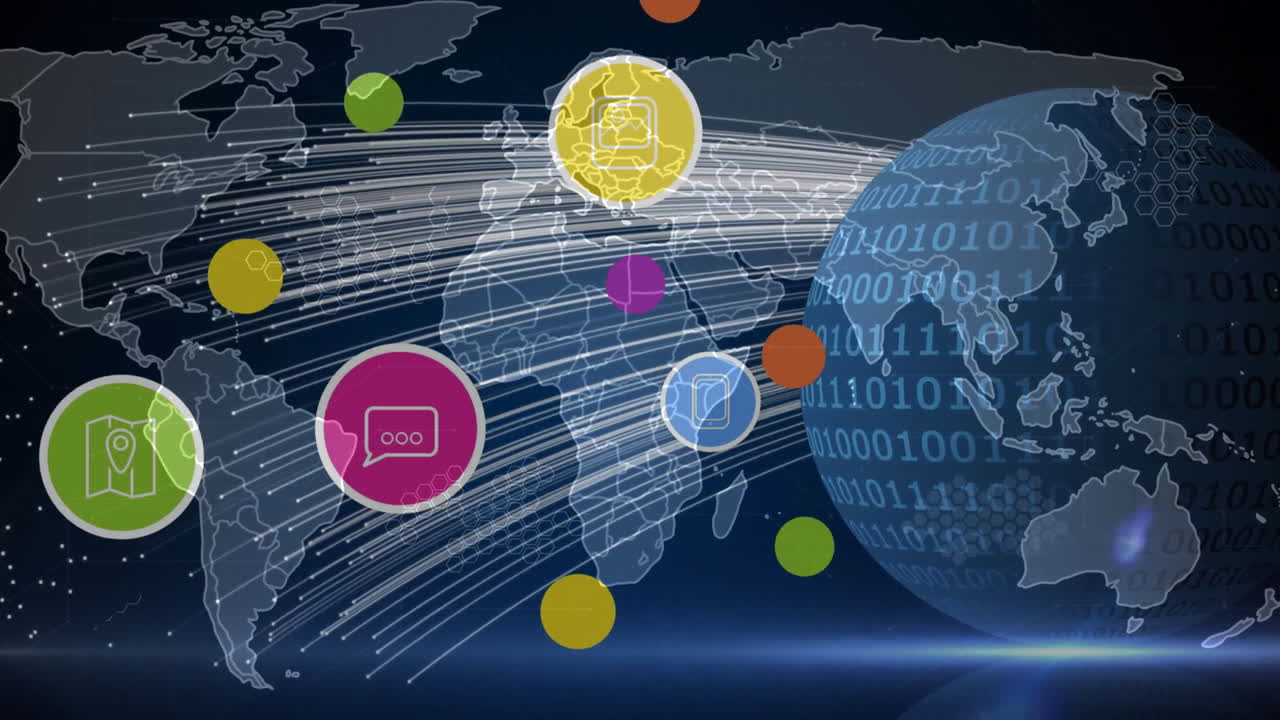 검은색 배경에 지구와 세계 지도가 있는 소셜 미디어 아이콘의 애니메이션