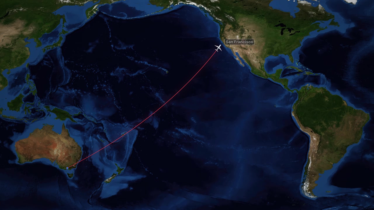 Red line tracks airplane flight path across Pacific Ocean between Australia and North America