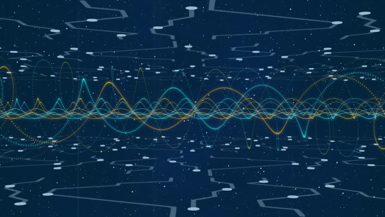 On playback start center waveform waving, particles drifting, circuits emerging to show data flow