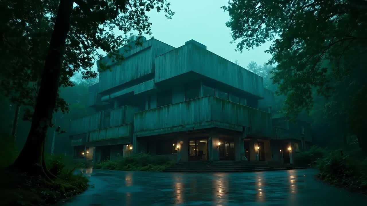 A large building in the middle of a forest at night