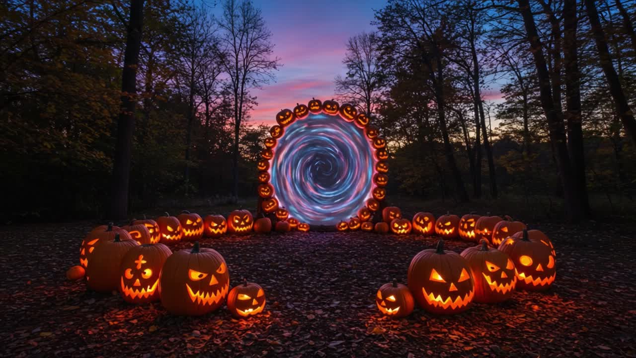 A Magical Halloween Scene Featuring Glowing Pumpkins Surrounding a Colorful Swirling Portal in a Bewitching Forest at Dusk