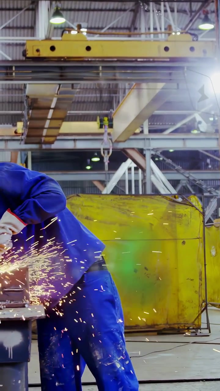 Vídeo vertical: Trabalhador esmerilhando metal em fábrica, usando esmerilhadeira, finalizando solda, faíscas voando.