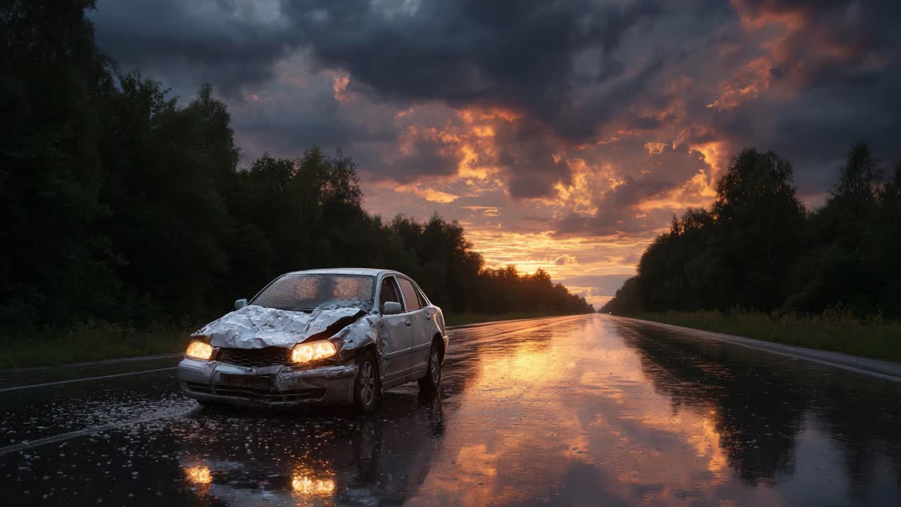A damaged vehicle stands alone on a reflective rain-soaked road at sunset, surrounded by dark clouds and the vibrant hues of a dramatic sky