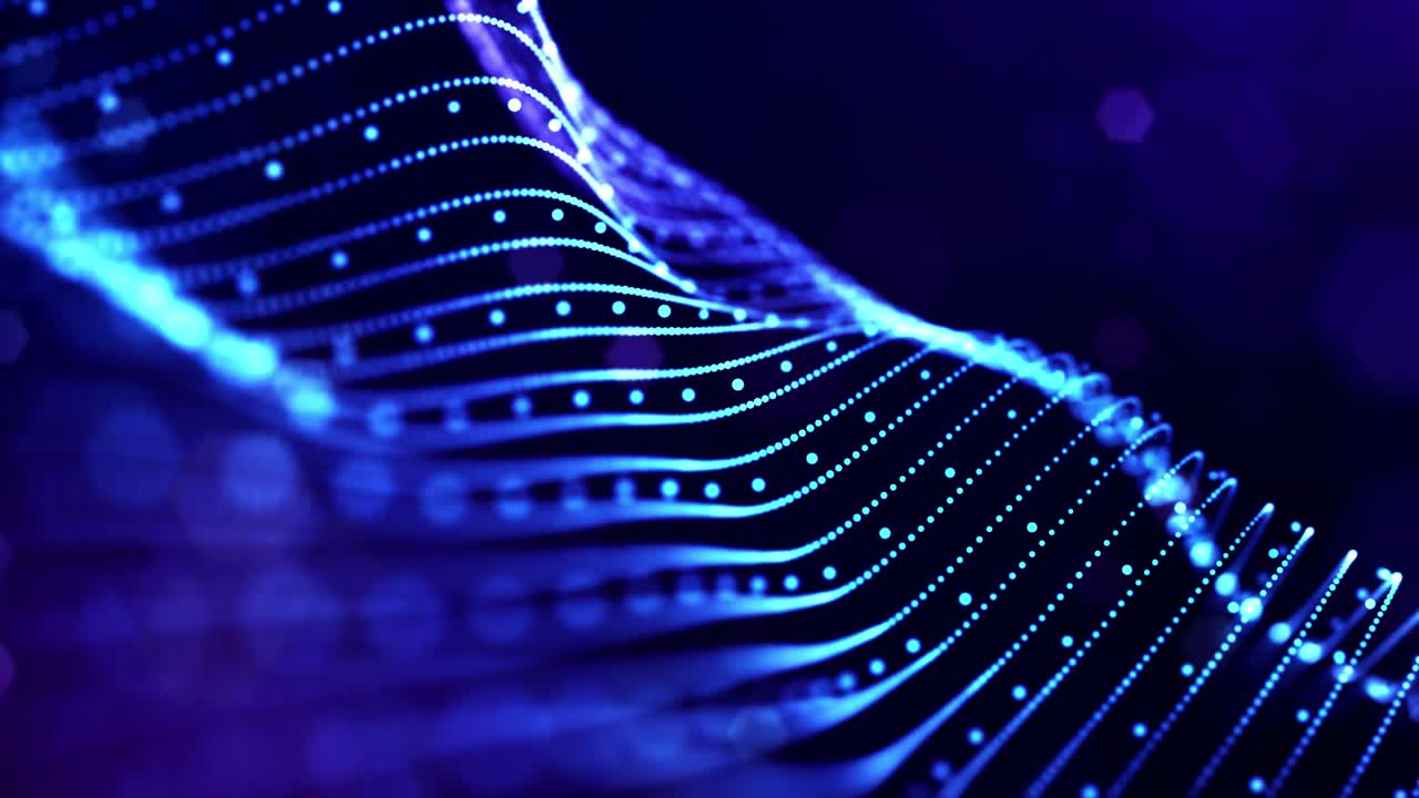 4k looped sci-fi particelle di sfondo con bokeh e effetti di luce. particelle blu luminose formano linee, superfici, strutture complesse in movimento liscio come nel microworld o nello spazio. stringhe di particelle