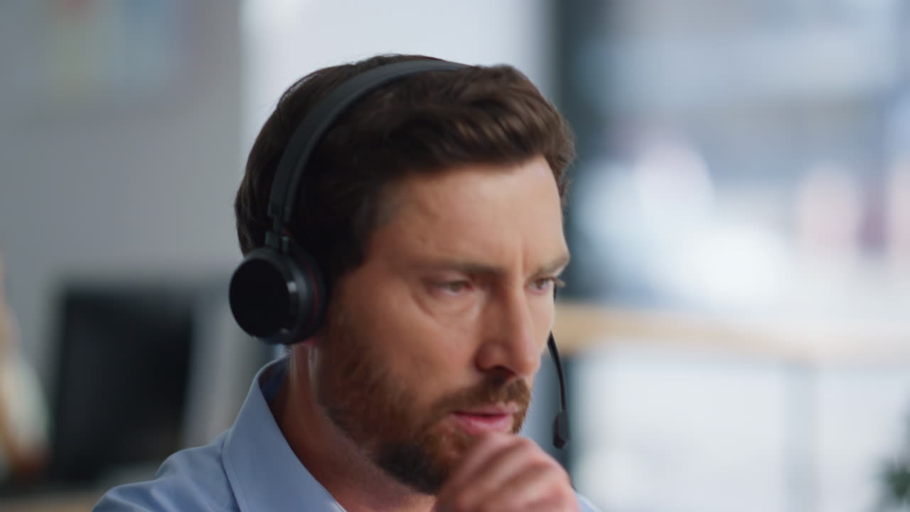 Telemarketing agent advising services working in business company center closeup