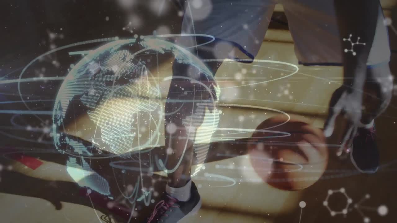 animación de la red de conexiones y el mundo sobre el jugador de baloncesto afroamericano