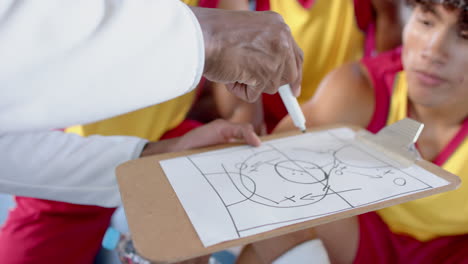 african american basketball coach outlines strategy on a clipboard to players in red jerseys