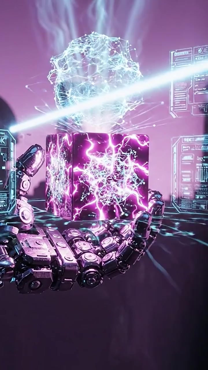 A futuristic robotic hand holds a vibrant purple energy cube, radiating electric sparks against a surreal background, capturing a moment of advanced technology.