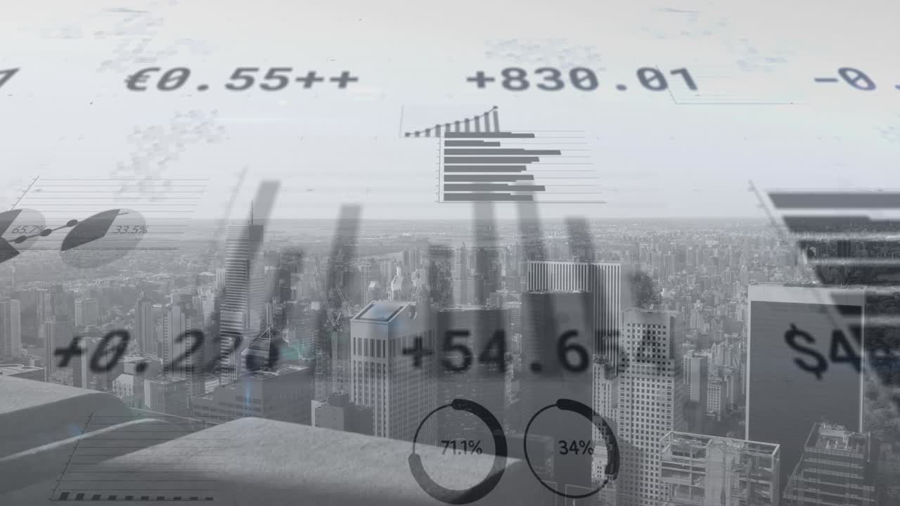 도시 배경에서 금융 데이터 및 통계 처리의 애니메이션