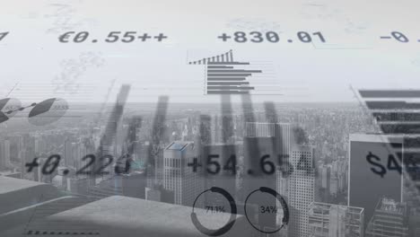 animatie van de verwerking van financiële gegevens en statistieken op de achtergrond van de stad