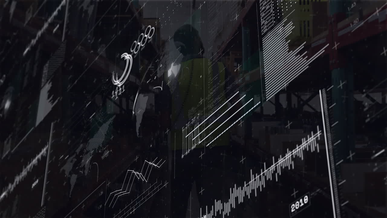 Warehouse worker scanning inventory for logistics, overlaying line charts and world map graphics